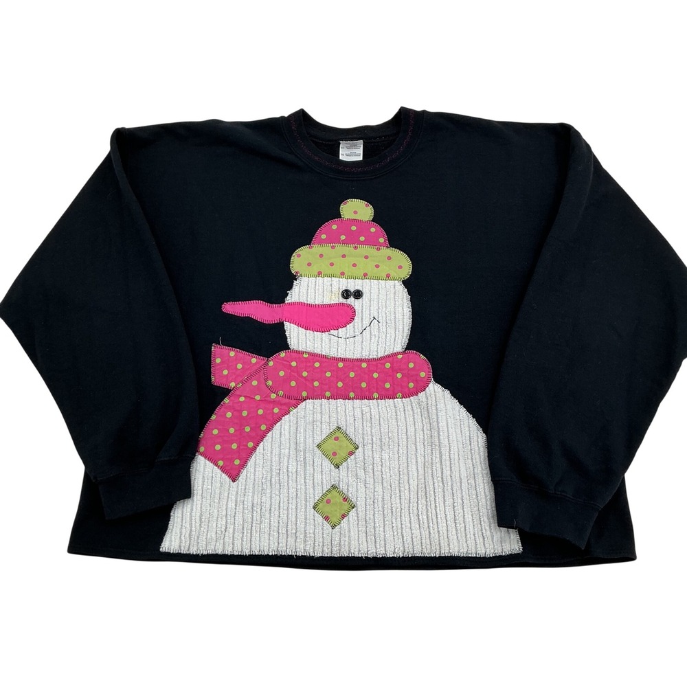 Vintage Snowman Sweatshirt XL Black Cotton Blend Applique Ugly Christmas Sweater